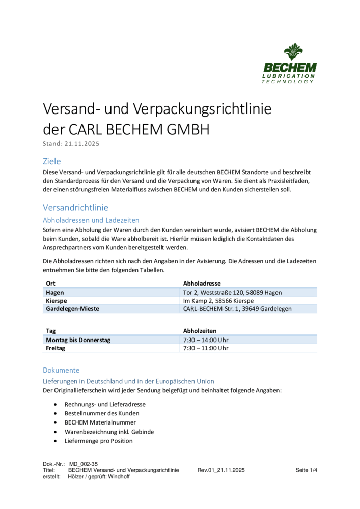 Versand- und Verpackungsrichtlinien