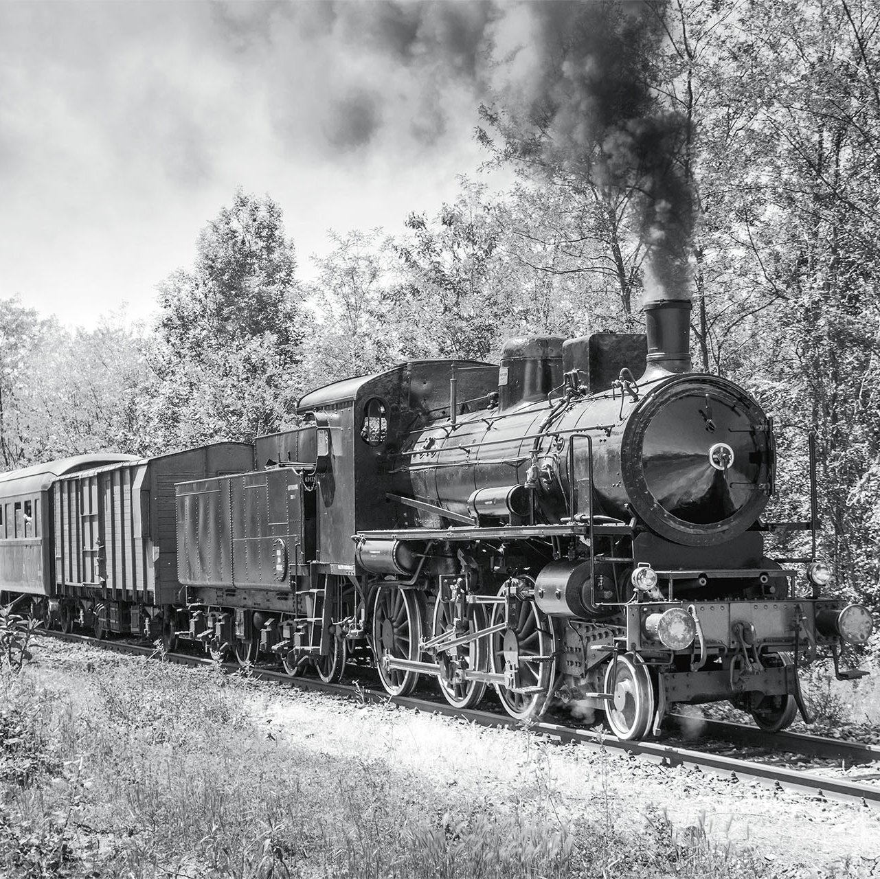 Fotografía en blanco y negro de un ferrocarril