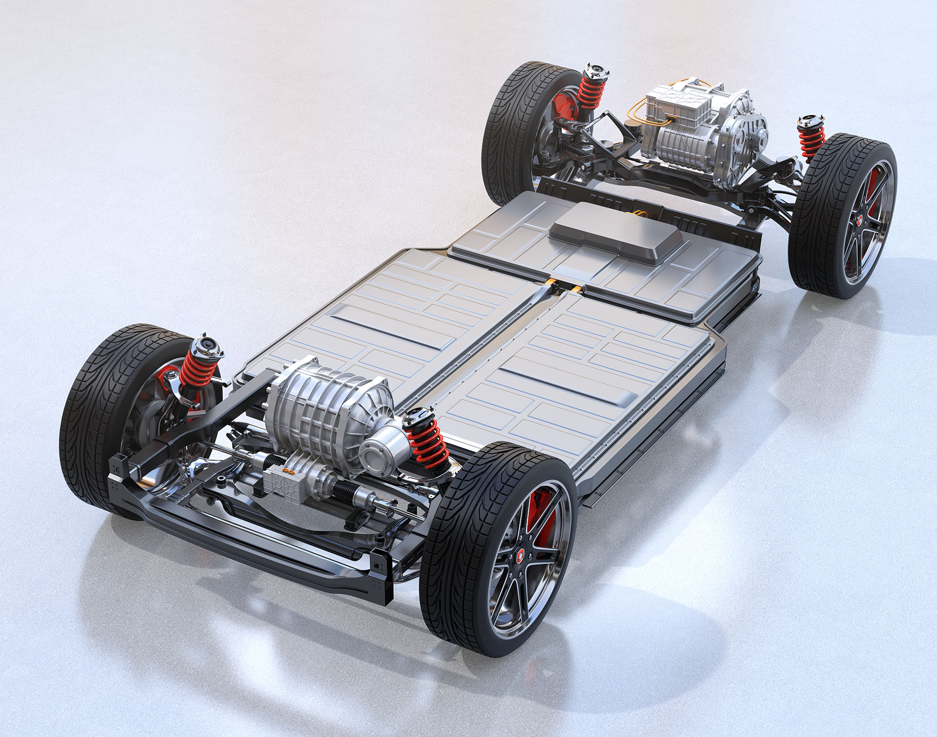 Chassis with engine, tires and battery pack of an electric car