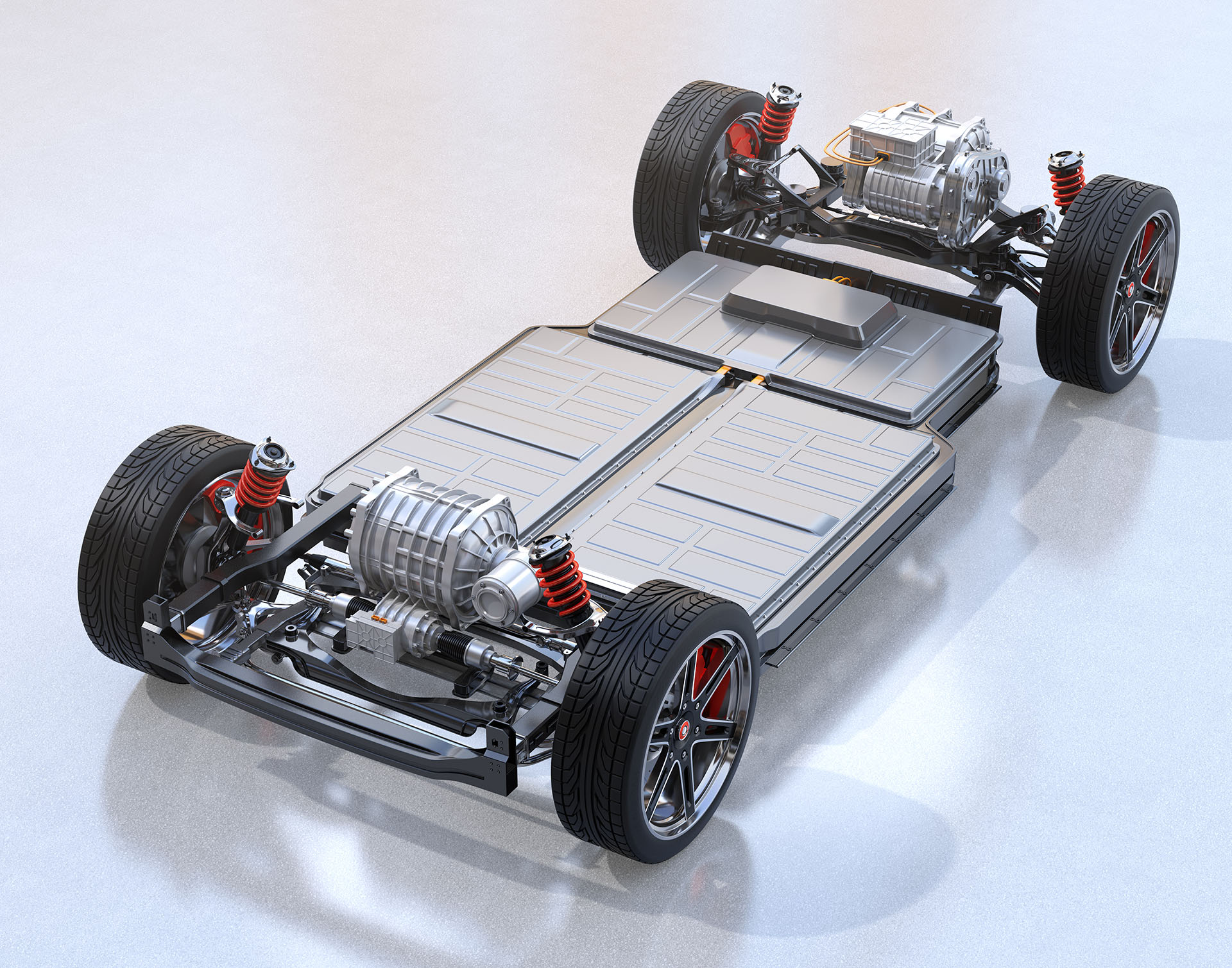Chasis con motor, neumáticos y batería de un coche eléctrico
