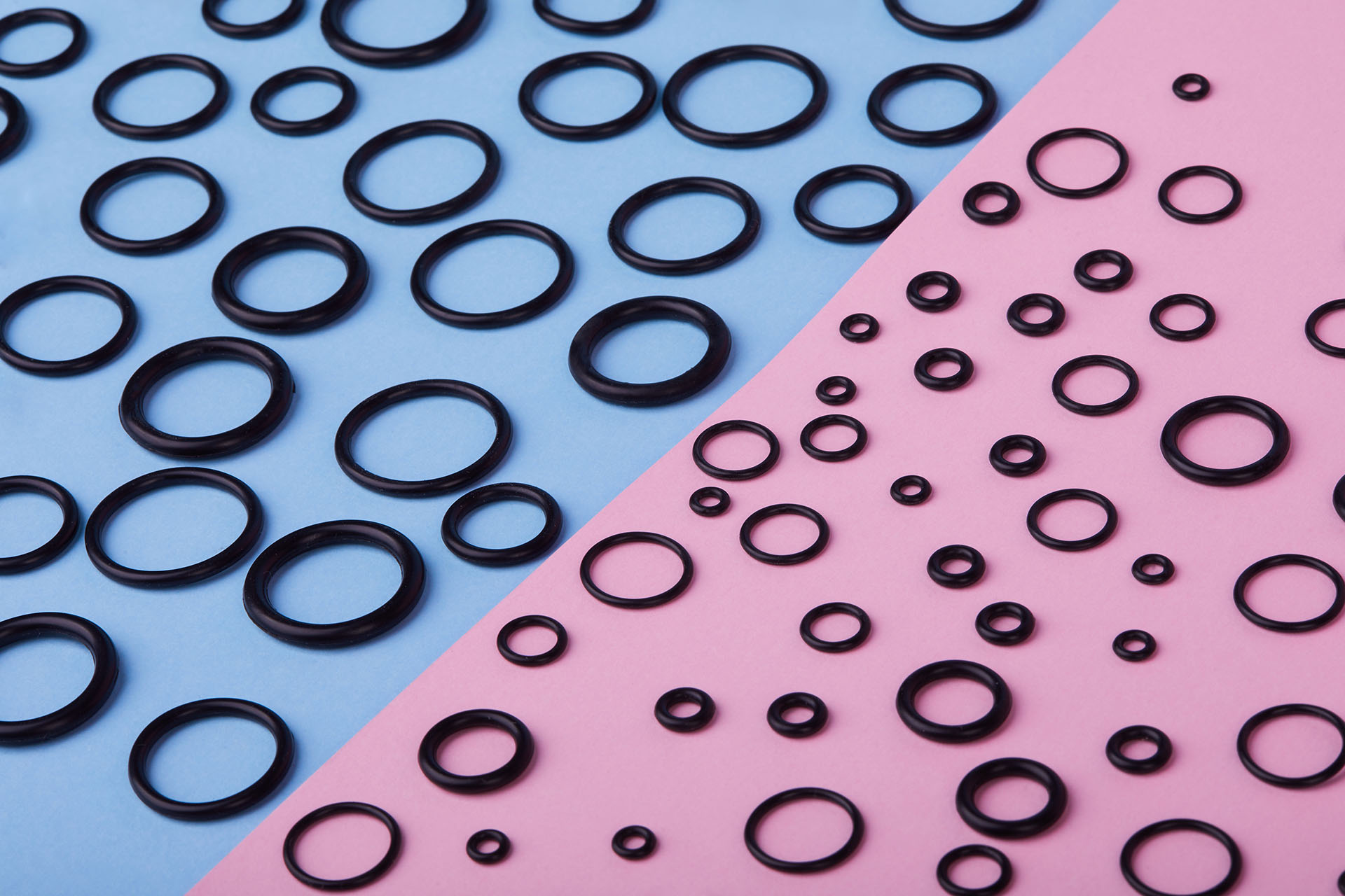 蓝色和粉色底座上的黑色O型环