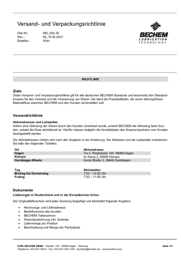 BECHEM Versand- und Verpackungsrichtlinie
