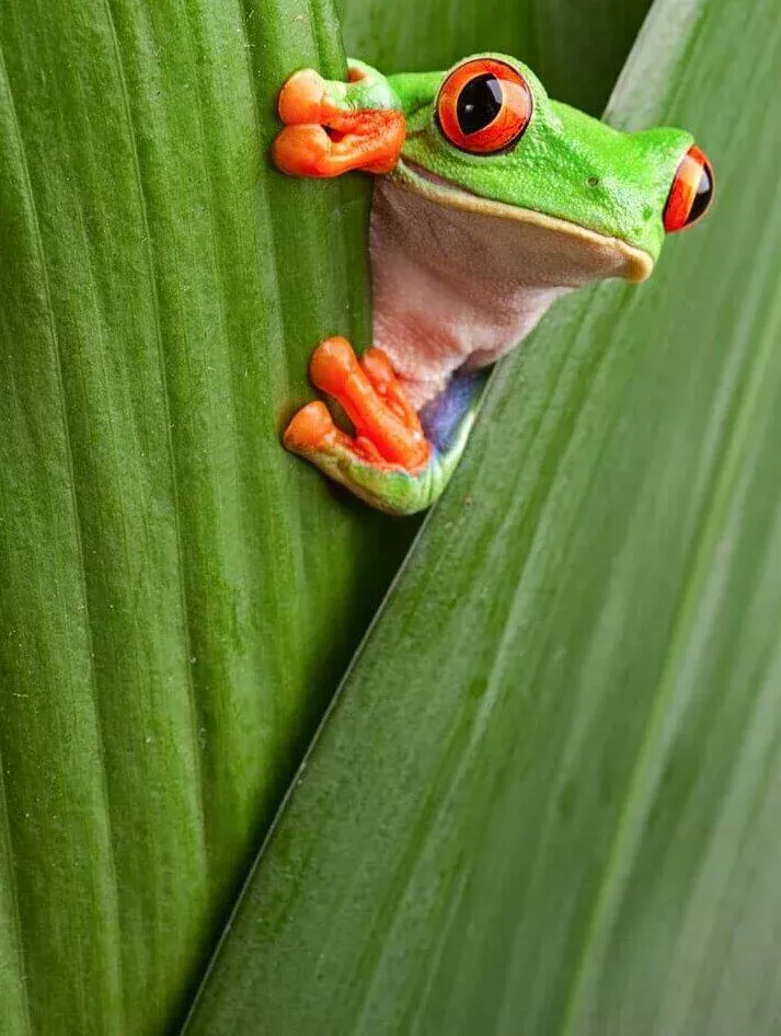 Grenouille verte cachée derrière une feuille.